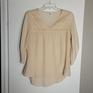 Spense Beige Peasant Top Tunic; Lace Upper; 3/4 Bell Sleeves; Size Small